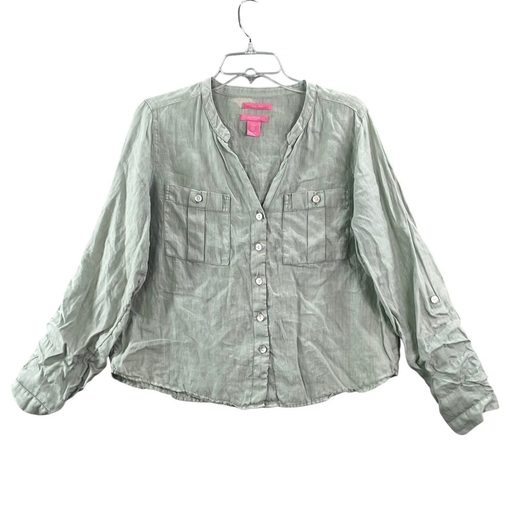 Isaac Mizrahi Linen Button Down Women M Green Sage Utility‎ Roll Tab Long Sleeve